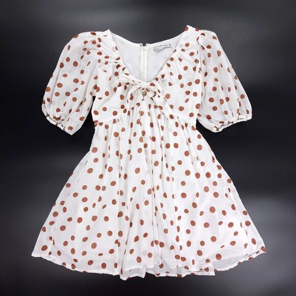 ABERCROMBIE Puff Sleeve Fit and Flare Cottagecore Mini Dress White Polkadot Boho - Picture 1 of 8